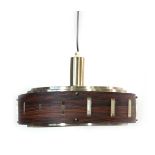 A 1970's brass coloured ceiling light with a faux rosewood outer rim Working order unknown, lead