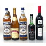 5 various bottles, 2x Martini Bianco vermouth 15% 75cl, 1x St Micheal Vintage Character Port 20%