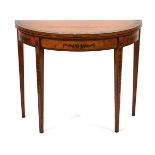 A Sheraton Revival satinwood, ebony strung and peacock feather painted card table, the decorative