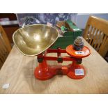 Set of orange 'The Viking' weighing scales by F.J. Thornton & Co. Ltd.