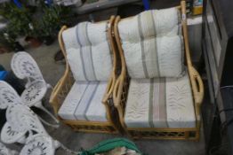 Pair of cane conservatory armchairs with cushions