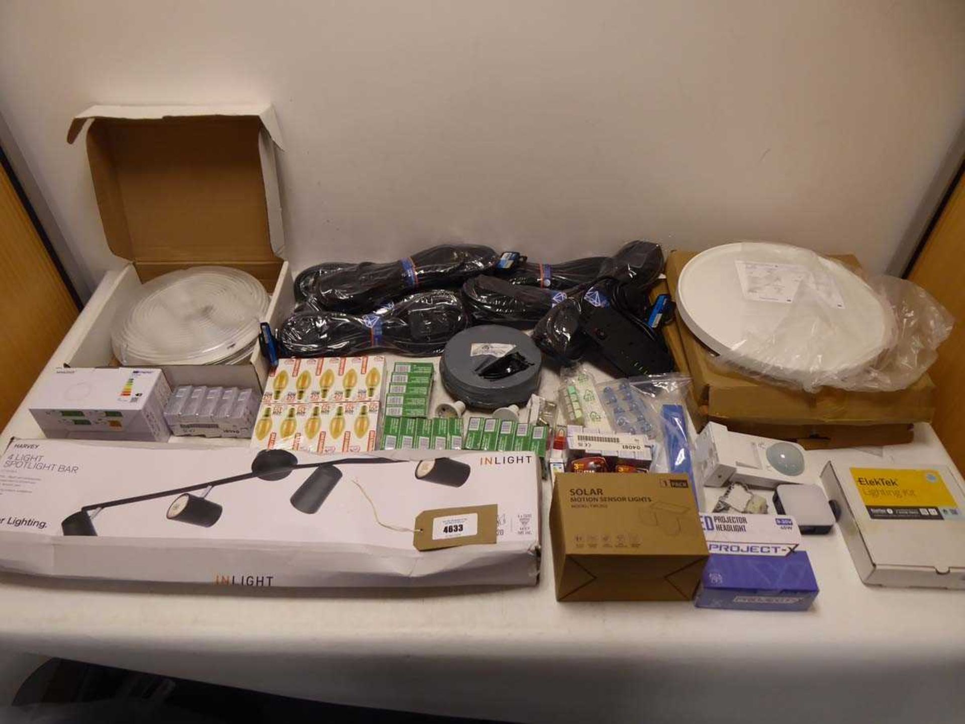 +VAT Selection of lighting and electronics to include spotlight bar, various light bulbs, ceiling