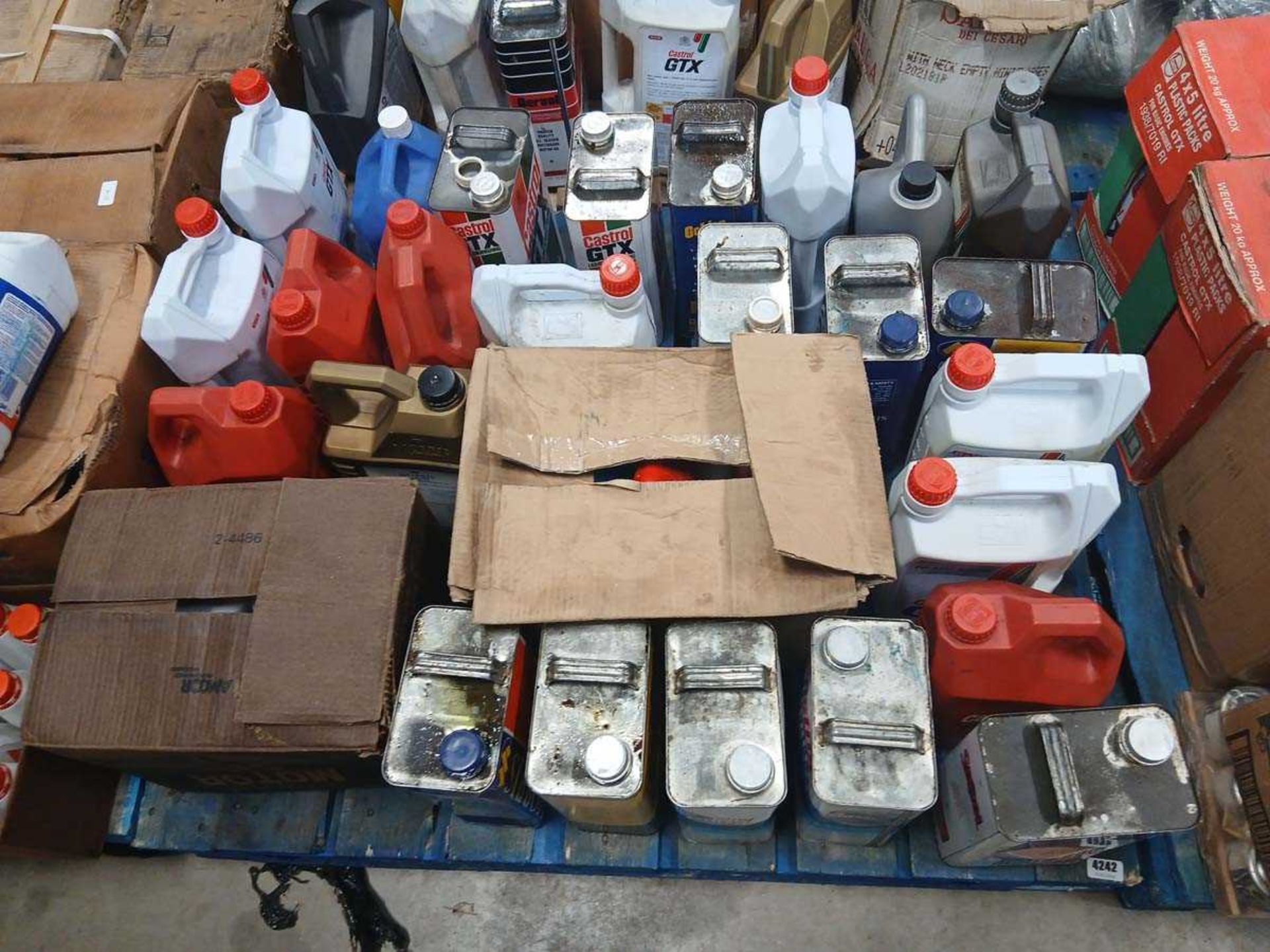 Pallet containing oils to include Castrol, Goldenfilm, Servol etc (approx 30 containers)