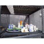 Cage containing crested ware, ornamental figures, blue and white and other crockery