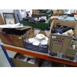 3 boxes containing pewterware and Royal Vale patterned crockery, African and other figures and