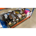 +VAT Three boxes containing household goods to include kitchen storage vessels, glassware, ornaments