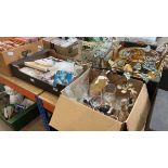 2 boxes containing metal floral wall ornament, ornamental figures, wine glasses, books and vintage