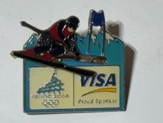 Turin (2006) Winter Olympics Enamel Pin Badge Memorabilia With Moving Skier, VISA Sponsor, Italy