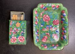 Antique Chinese Canton Green Enamel Matchbox Cover and Tray c1900