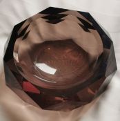 Mid-Century Faceted Smoky Glass Bowl/Ashtray – Heraldic Double-Headed Eagle Motif