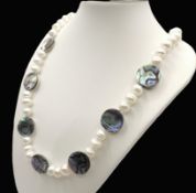 Freshwater Cultured Pearl & Paua Shell Necklace Silver Clasp New With Gift Pouch