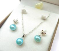 Sterling Silver Sky Blue Freshwater Cultured Pearl Necklace & Earrings Set New With Gift Pouch