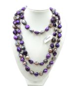 Single Strand 48 inch Silver & Purple Freshwater Cultured Pearl Necklace New With Gift Pouch
