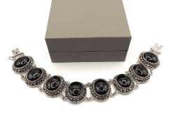 Vintage Artisan Sterling Silver Black Jet & Marcasite Bracelet