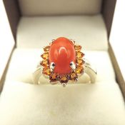 Sterling Silver Cabochon Orange Spessartite Garnet Gemstone Ring New With Gift Box