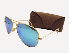 Ray-Ban Aviator Sunglasses Gold Frame Blue Flash Mirror Lens