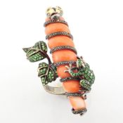 An exquisite ring detailed with coral, green garnet and brilliant diamonds - Hand Made