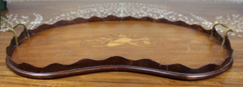Antique Inlaid Wooden Tray with Brass Handles