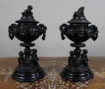 Pair of French Bronzed Spelter Urns with Bacchic Masks and Putti, Circa 1880