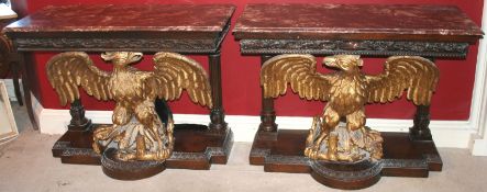 Pair of Marble Topped Mahogany & Giltwood Eagle Console Tables