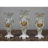 Garniture of Three English Flower-Encrusted Porcelain Vases, c.1850 (probably Samuel Alcock & Co....