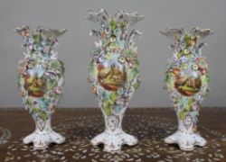 Garniture of Three English Flower-Encrusted Porcelain Vases, c.1850 (probably Samuel Alcock & Co....