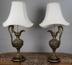 Pair of Early 20th Century French Neoclassical Ewer Lamps with Putti Relief