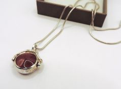 Vintage Sterling Silver Carnelian Mother of Pearl Swivel Fob & Chain c.1990