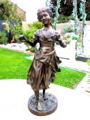 Signed Moreau Bronze Sculpture Girl Holding Fruit 40cm Tall