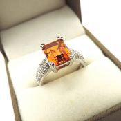 Sterling Silver 3 Carat Orange Citrine & White Gemstone Ring
