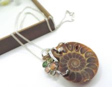 Artisan Sterling Silver Fossilised Ammonite & Tourmaline Set Pendant Necklace