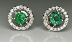 Beautiful 0.53ct Natural Emerald Halo Set Stud Earrings, Diamonds In Platinum 950