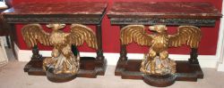 Pair of Marble Topped Mahogany & Giltwood Eagle Console Tables