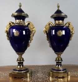 Pair of Fine Sevres Style Cobalt Blue Rams Head Lidded Urns