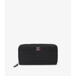Chanel Black Calfskin Leather Pink Clover Classic Long Zip Wallet