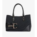 Gucci Blue GG Monogram Canvas & Black Calfskin Leather Web Vintage Horsebit Hasler Tote