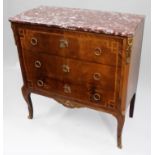 Title: French Louis XVI Style Mahogany & Tulipwood Commode with Rouge Marble Top Description: French