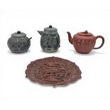 CHINESE YIXING TEA SET TOGETHER WITH A RED LACQUER DISH