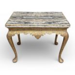 A GEORGE I GILT WOOD SIDE TABLE, THE ASSOCIATED BANDED AGATE RECTANGULAR TOP WITH OVOLO EDGE