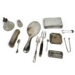 A GROUP OF SILVER TO INCLUDE THREE FORKS, TWO PAIRS OF TONGS, A DRESSING TABLE VANITY MIRROR, A CRYS