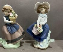 Two Lladro figures of young girls with flowers in different colourways.