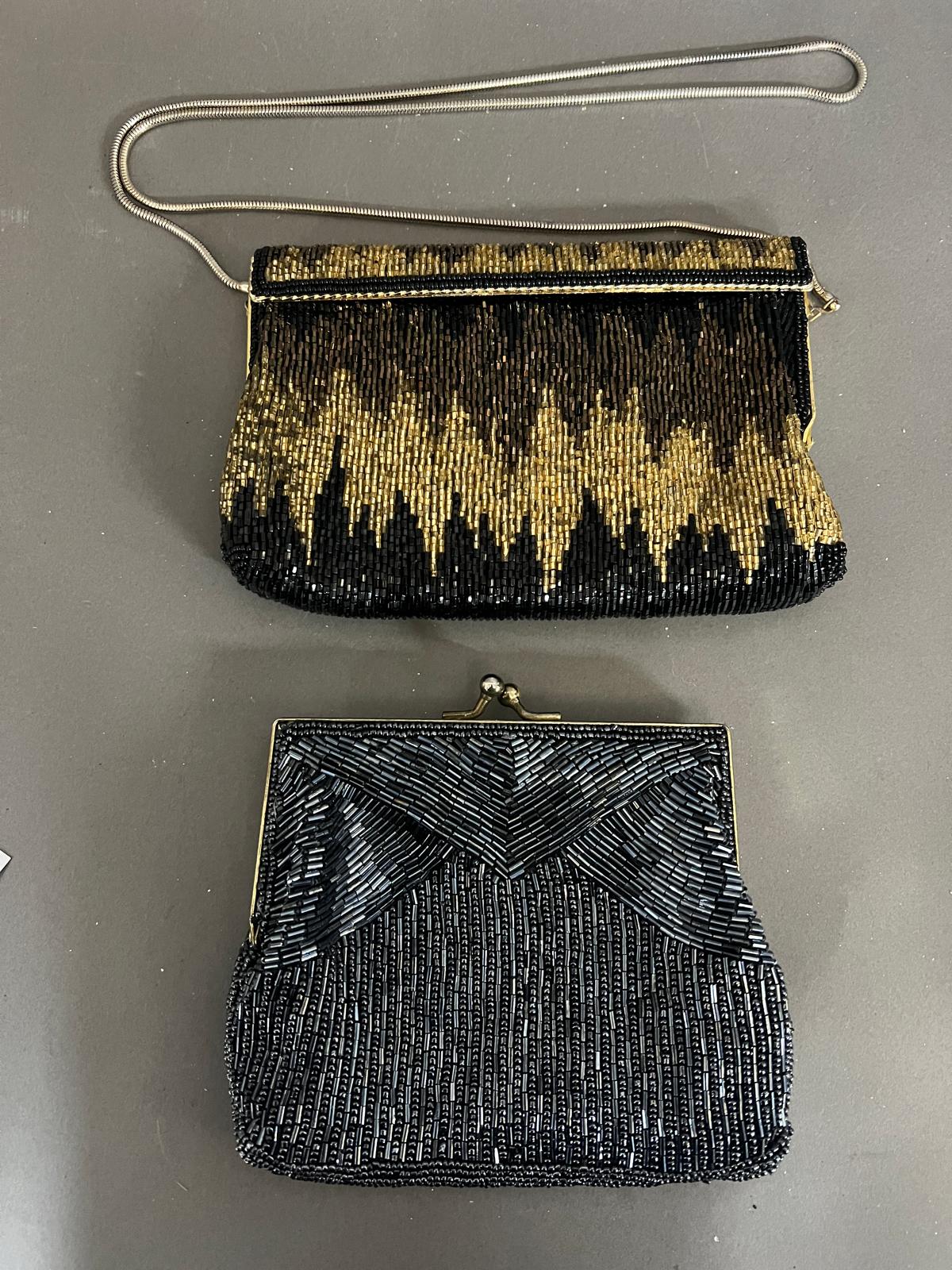 Two micro beaded evening bags, gold and black chevrons