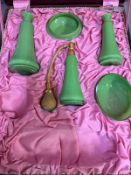 A part green glass vanity set, boxed AF