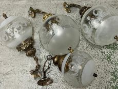 Two medium gilt and glass metal globe ceiling light along with two smaller ones (Approx H47cm)