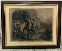 A mahogany framed etching of a horse grazing with dogs to foreground - 104cm x 87cm