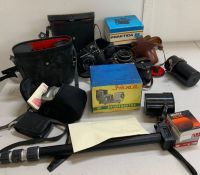 A selection of cameras and camera equipment to include Praktika and Pentax, together with two
