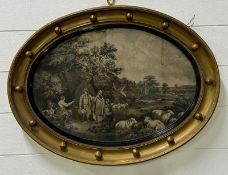 A pair of tinted etchings in a oval regency style frame - 62cm x 48cm