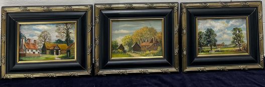 Three landscape paintings of houses and fields by John Revell 23cmx 27cm