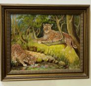 John J Perring Folk Art style painting of two cheetahs with heavy ornate frame 63cm x 55cm