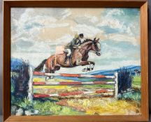Baroness Ines Taxis (20th Century) Oil On Board of a Lady Showjumping. (52cm x 63cm framed size)